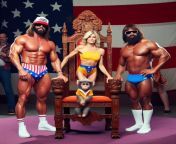 Macho man Randy Savage wearing classic California girl short shorts and halter top, posing next to an authentic 18 century queening stool, two pygmy aliens California girl admire the stool from pissing shorts and jeans girl