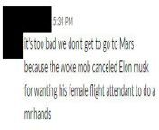 it&#39;s too bad we don&#39;t get to go to Mars because the woke mob canceled Elon musk for wanting his female flight attendant to do a mr hands from mr hands