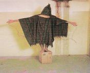 Picture of a prisoner subjected to torture and abuse by U.S. forces at Abu Ghraib prison in Iraq from dira abu zahar foto bogel