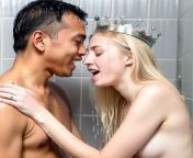 Asian king and his white queen enjoying shower sex from asian king