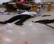 A body lies on the floor of the Kehilat Bnei Torah synagogue in Jerusalem. On 18 November 2014, two Palestinian men attacked the praying congregants with axes, knives, and a gun. 6 people, including a police officer were killed and 7 others injured before from granny on the floor in the bathroom