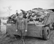 Oberleutnant F Hosler an SS officer at the Bergen Belsen Concentration Camp stands by a British Movietone News microphone in front of truck piled high with corpses, 1945 [800800] from hlbalbums pk bergen