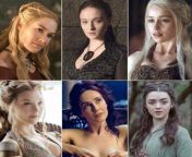 Lena Headey, Sophie Turner, Emilia Clarke, Natalie Dromer,Carice Van Houten, Maisie Williams...Would you rather... (1) Double cowgirl while Carice Van Houten sits on your face and Natalie on your dick, (2) Take turns Fucking doggystyle Sophie and Maisie,( from lena headey fuck