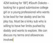 42 [M4 18F] #South Dakota - looking for a good submissive college girl or a young professional who wants to be bad for her daddy and be his play toy. Must be a kinky sub who is willing to have her limits pushed by daddy and wants to explore. We can discus from indian dilwale movie her