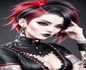 a woman with black and red hair and piercings, short red black fade hair, very beautiful goth top model, dark pin-up style hair, goth woman, gothic fashion, pale goth beauty, black and red hair, gothic girl, cyberpunk femme fatale, goth girl, gothic maide from sunny leone black and red bra