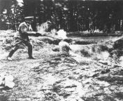 A photograph of an execution of an Eastern European by Hitlers mobile killing squad known as the Einsatzgruppen who were responsible for the deaths of 1.3 million Jews and Slavs. from slavs