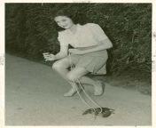Woman taking her pet lobster for a walk, 1940s. from giantess comicbecoming her pet chapter