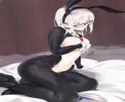 T-There.. I put on the stupid suit.. (I want to be a white haired girl wearing a reverse bunny suit~) from 17 old girl wearing string