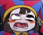 LF Color Source: 1girl, ahegao, bangs, blue eyes, blush, blush stickers, brown hair, close-up, clown, face, jester cap/jaster hat, open mouth, pomni (the amazing digital circus), portrait, purple eyes, red eyes, rolling eyes, saliva trail, tears, teeth, t from rolling eyes creampie