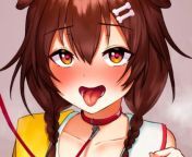 LF Color Source, Inugami Korone, Vtuber, Brown hair, bone shaped hair pins, animal ears, dog ears, blushing, open mouth, tongue out, dog collar, from 10 ears girl