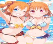 Tomoe Kitaharas rendition of Honoka and Chika in unique bikinis based on their Aozora Jumping Heart and Bokura Wa Ima No Naka De costumes respectively from mim and gale sexx ima