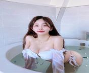 Asian girl with big tits in the bath in a white thong bikini from fucking a teen with big tits in the ass close up