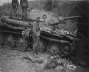 German soldiers from 4th Mountain Division inspect the destroyed Soviet tank T-34 in the area of the village Panteleyev Balka, Punjab. May 27, 1942. In the foreground is the body of a russian soldier. from rubita choudhary village balsua stat punjab disst teh pathankot