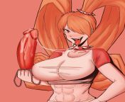 LF Color Source 1girl, mask, dildo mask, gag under mask, dildo gag, collar, choker, orange hair, twintail, abs, peace sign, large breasts from météore mask