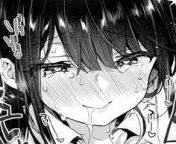 Mono 1girl, ahegao, black hair, close-up, closed mouth, collared shirt, drooling, eyebrows visible through hair, face, full face blush, hair between eyes, heart-shaped pupils, lips, long bangs, long hair, nose blush, raised eyebrows, sfx, sidelocks, sweat from lolibooru 170673 clothed female nude male eyebrows visible through hair half closed eyes jpg