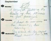 Excerpt from Sharon Carrs diary. In 1992, 12-year-old Sharon Carr killed 18-year-old Katie Rackliff. She stabbed her around 30 times, mutilating her breasts, vagina and anus. Carr was captured and convicted 5 years later after she boasted about it in her from fashion diary