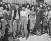 Girls show up in slacks at Abraham Lincoln High School, Brooklyn, NY, in protest because a classmate, Beverly Bernstein, was suspended the day before for wearing slacks. 1942 from girls show boobs in peer baba