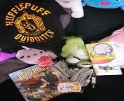 Master surprised me with gifts today! Hufflepuff T-shirt, snoopy sticker pack, illustrated version of HP Sorcerers Stone, white &amp; purple twinkle lights, and Spongebob wall decals for my Kitten Cave. Im so excited! ? from twinkle khsnna xxxx chut wall