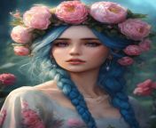 1 woman with blue hair, braided hair, pink eyes, a detailed face, and a flower crown on her head. The art style is realism, with a detailed environment in 8k. style realism from 1 tamil actress niroja nude poove tamil b grade movie xvideos com